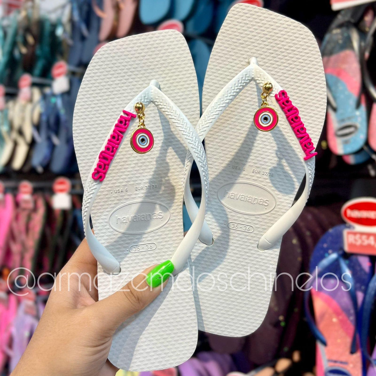 Havaianas Square + Pingente Placa e olho Grego Pink